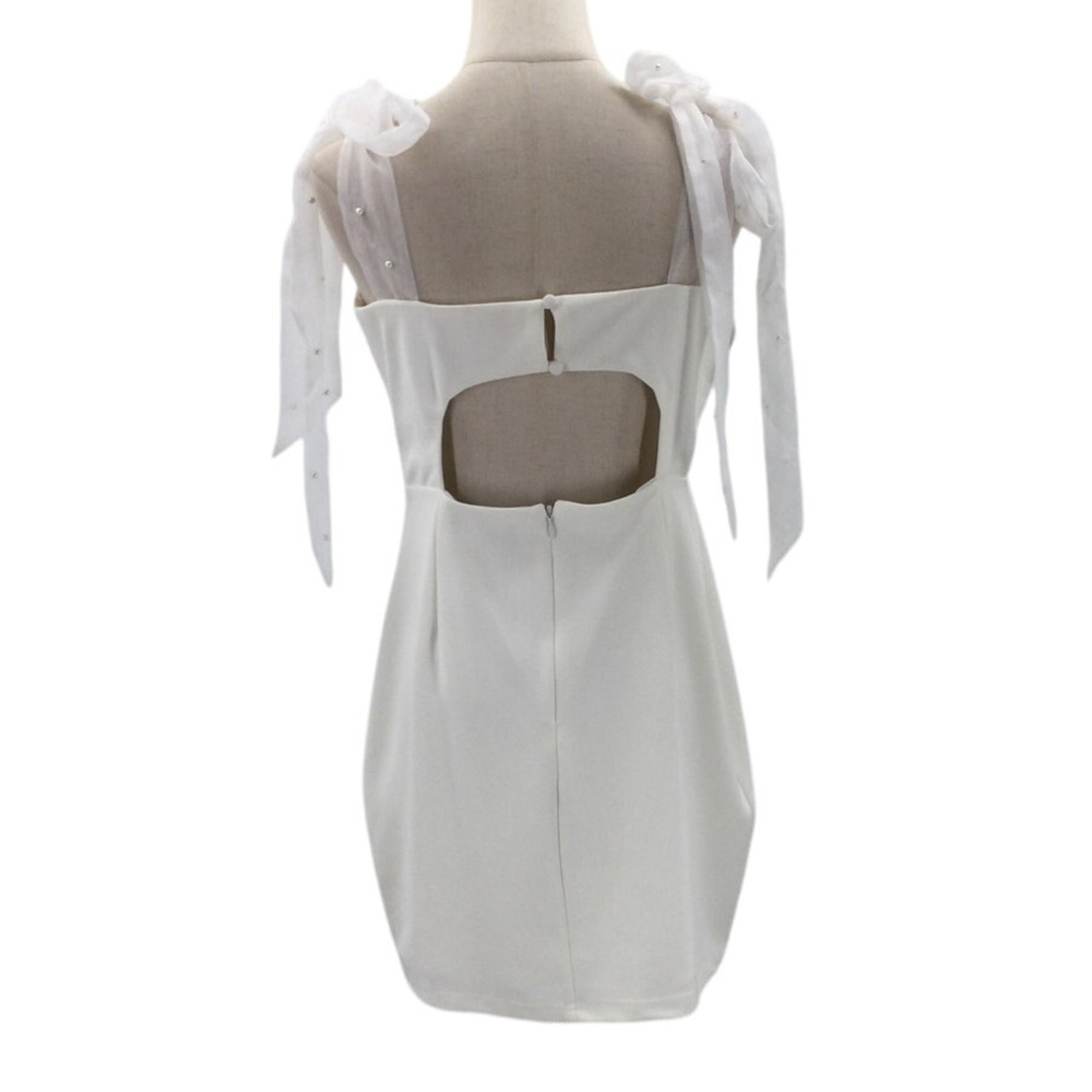 LULU'S SZ L Beaming Perfection White Pearl Organza Tie-Strap Mini Dress NEW B60 - Picture 3 of 8